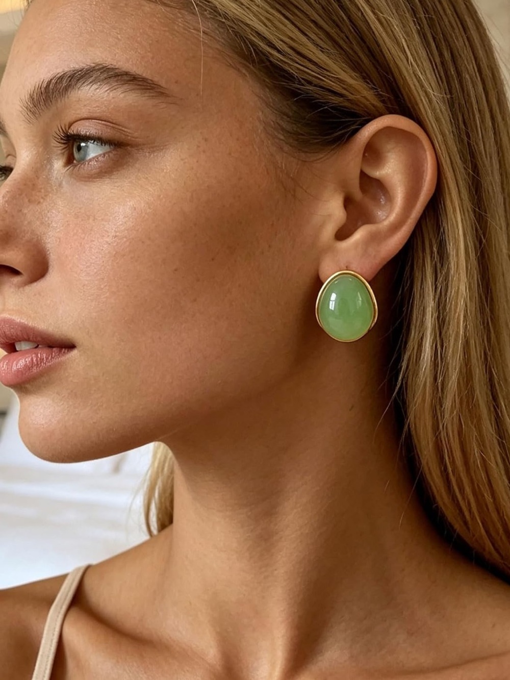 Gold-Trim Green Stone Dome Earrings - Women Jewelry